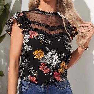 Boho Black Floral Print Polka Dot Ruffle Sleeve Top